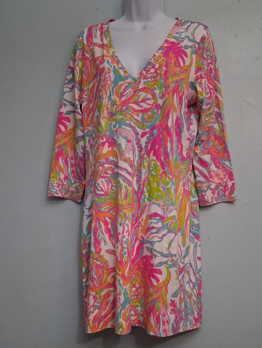 Lilly Pulitzer Size Large Women's Pima Cotton Pink Multicolor V-Neck Shift Dress